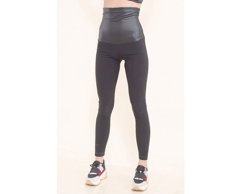 High Waist Leggings / leather leggings / black leggings / faux leather leggings / yoga pants / women leggings / elastic waist leggings image 1