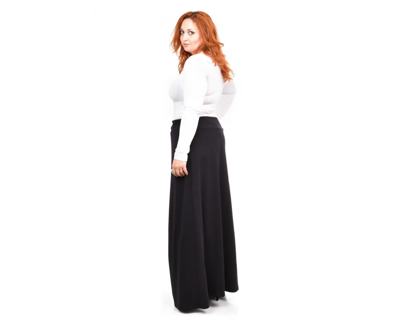 Long Gray High Waist Skirt With Elastic Waistband / Midi