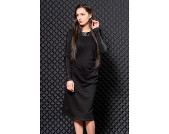 Black dress with faux leather elements / long sleeve dress / knee length dress / pencil dress / plus size maxi dress / casual dress