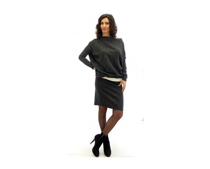 Gray Knitted Dress Knee Length Dress Hip Loose Dress Knitted Plus Size Dress Long Sleeve Dress Boat Neck Dress Bat Sleeve Dress