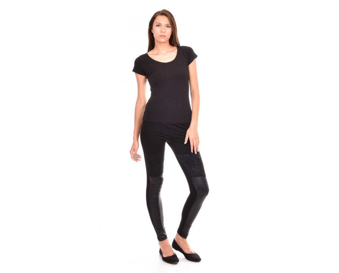 Women Black Leggings From Jersey and Faux Leather / High Waist Leggings