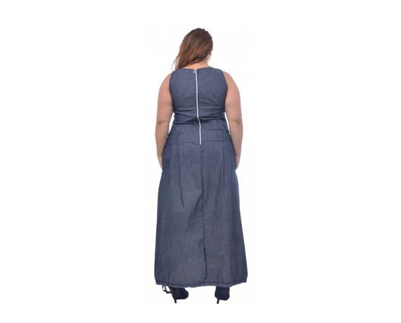 Blue Denim Dress / Long Dress / Floor Length Dress / Plus Size Maxi Dress /  Flared Dress / Sleeveless Dress / Strap Dress / Tank Top Dress 