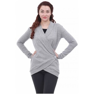 May include: A gray wrap cardigan with a single button closure. The cardigan has a long sleeve and a relaxed fit.