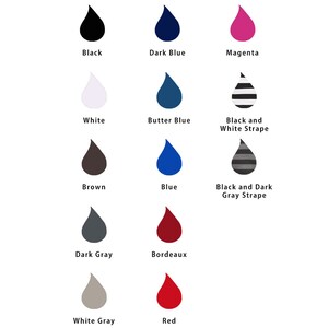 May include: A chart showing 12 different ink colors, including black, dark blue, magenta, white, butter blue, brown, blue, dark gray, bordeaux, white gray, and red. The colors are displayed in a teardrop shape.