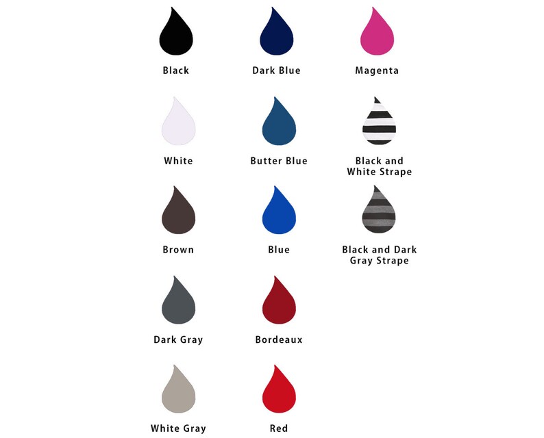 May include: A chart showing 12 different ink colors, including black, dark blue, magenta, white, butter blue, brown, blue, dark gray, bordeaux, white gray, and red. The colors are displayed in a teardrop shape.