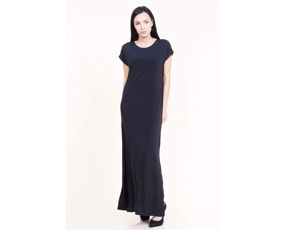 Black Long Fitted Dress With Short Sleeves / Pencil Casual Dress — free download
