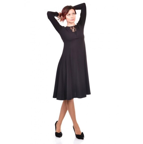 Black Knee Length Dress With Lace Element / Midi Dress / Long Sleeve Dress  / Knee Length Dress / Jersey Dress / Casual Dress / Flared Dress - Etsy  Israel