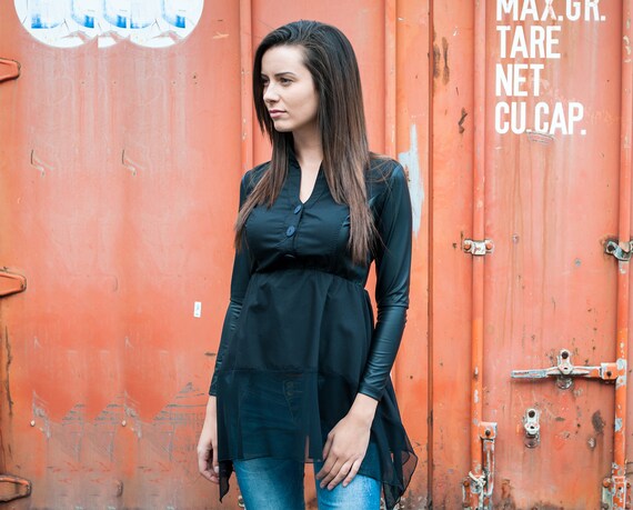 Leather Tunic Shirt Chiffon Tunic Top Black Tunic Shirt Etsy