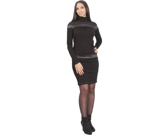 Black Knitted Dress with Faux Leather Elements, Polo Dress, Short Dress, Fitted Dress, Slim Fit Dress, Bodycon Dress, Tight Fit Dress Black Knitted Dress with Faux Leather Elements, Polo Dress, Short Dress, Fitted Dress, Slim Fit Dress, Bodycon Dress, Tight Fit Dress