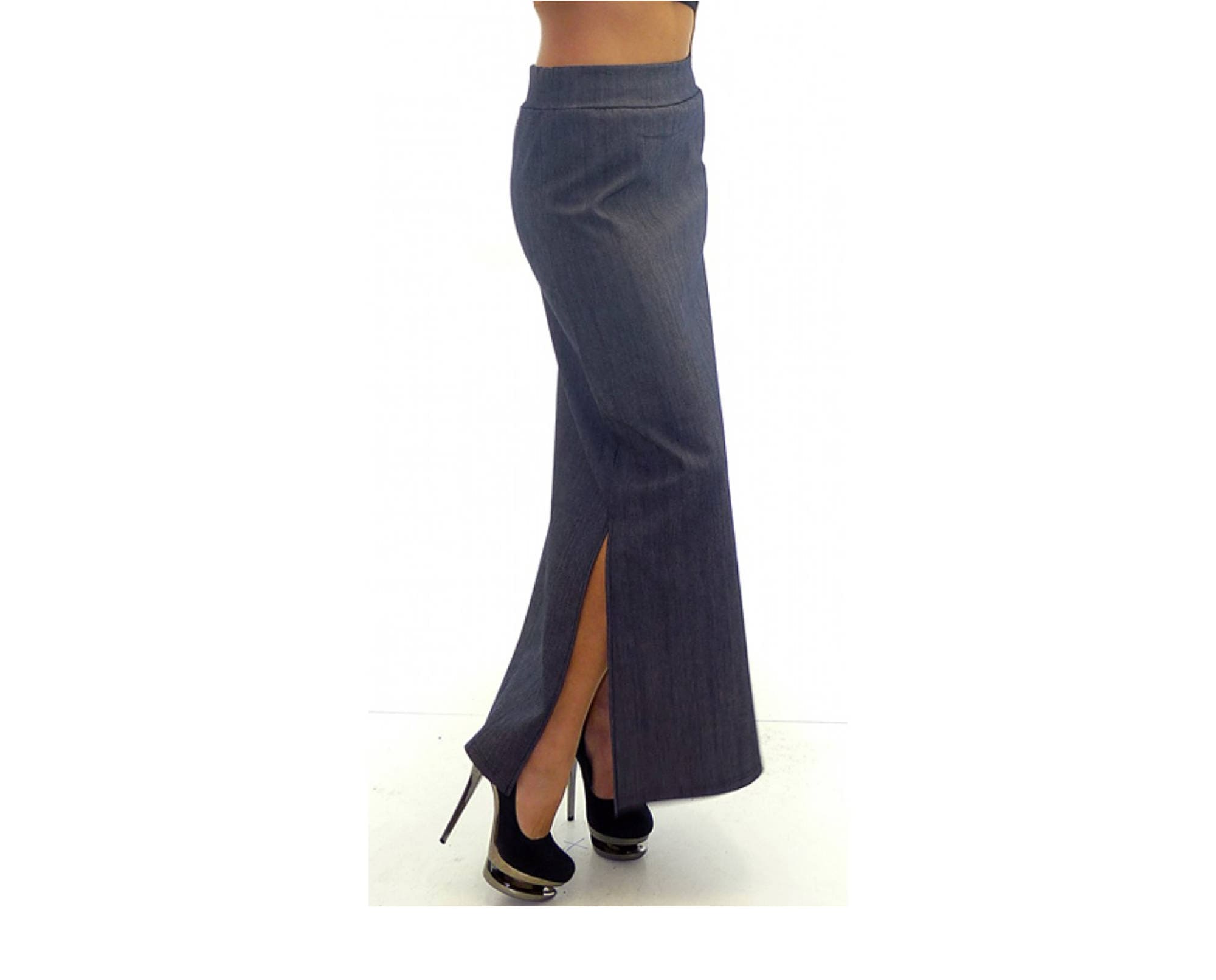 Long Blue Denim Skirt With Elastic Waist High Waist Skirt Plus