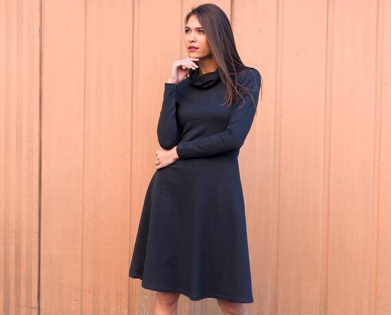 Black Dress Midi Dress Long Sleeve Dress Knee Length Dress