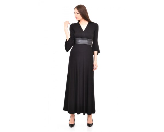 black leather dress with belt Stylish long naturallook