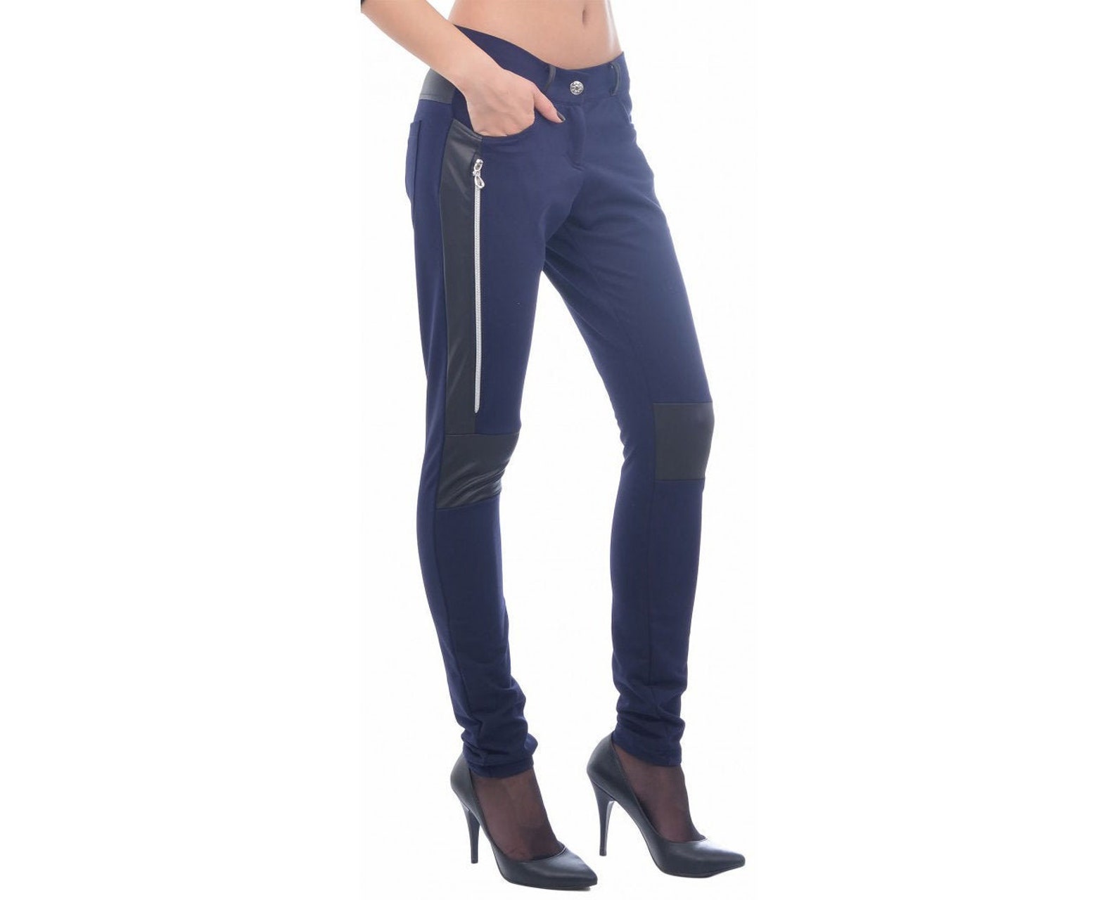 Blue Pants with Faux Leather Elements Fitted Pants Slim Fit Etsy