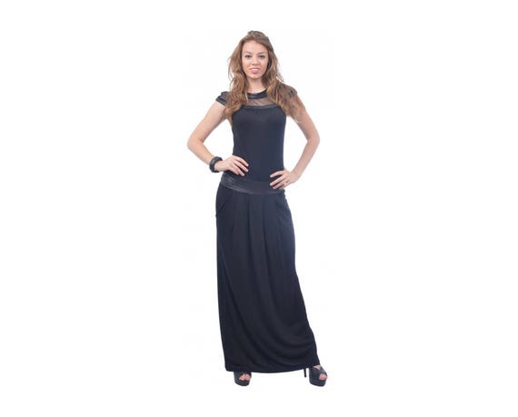 Long Black Dress With Faux Leather and Tulle Elements / Plus Size Maxi Dress  / Party Dress / Bodycon Dress / Floor Length Dress Flared Dress - Etsy UK