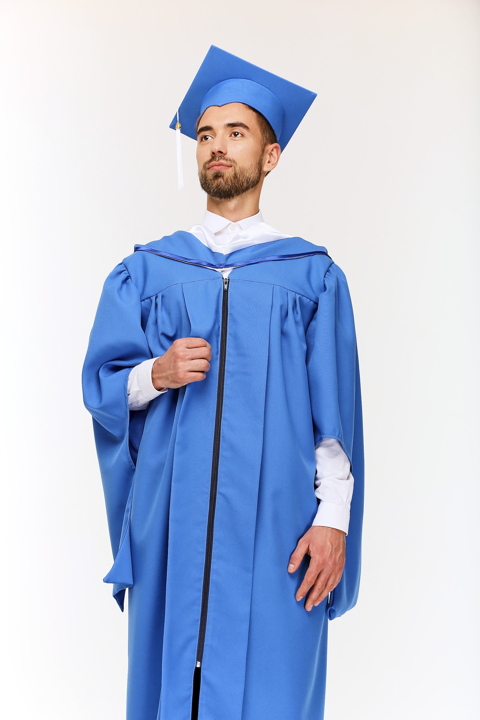 Blue graduation gown with a hood and mortarboard with tassel | Etsy