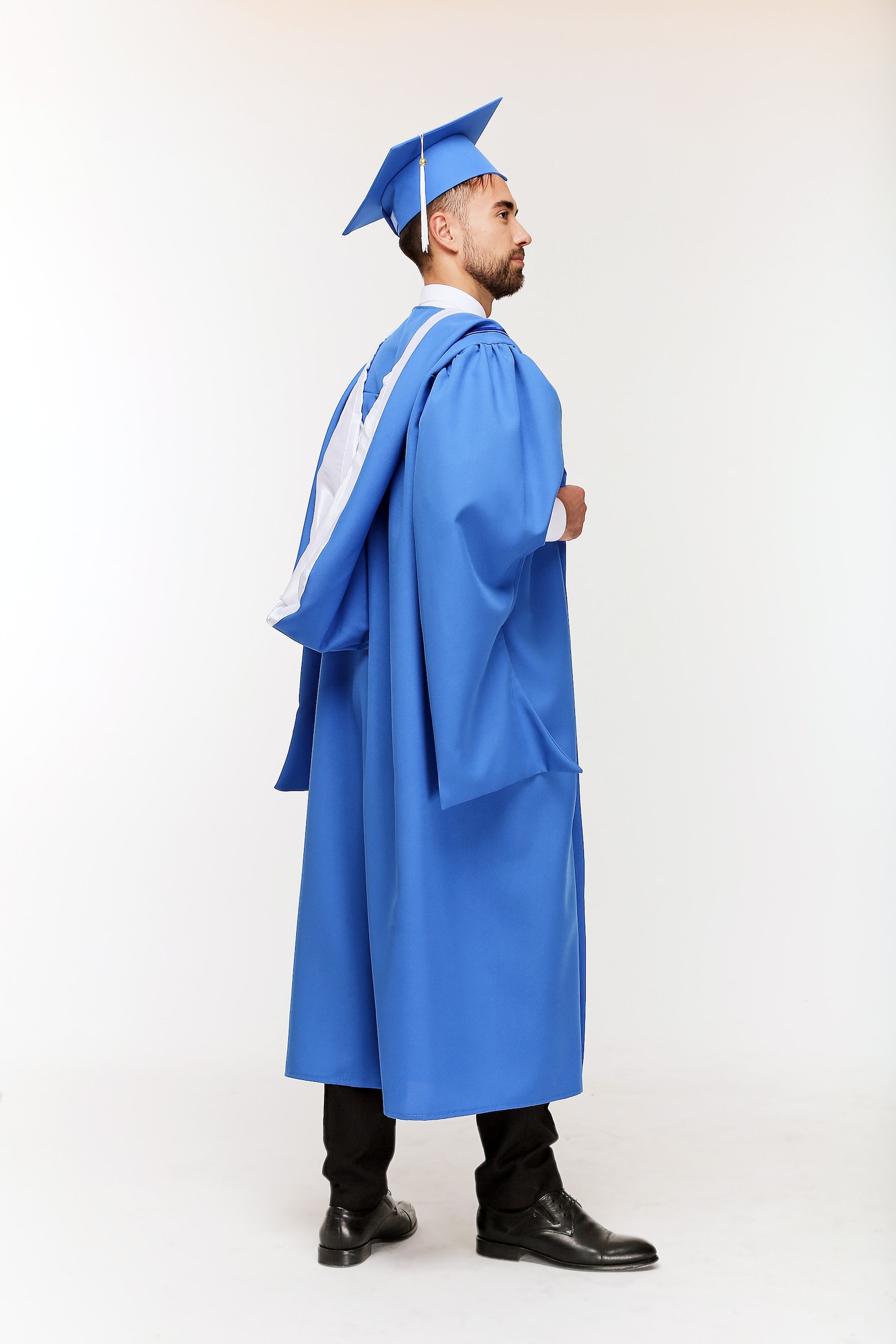 Blue graduation gown with a hood and mortarboard with tassel | Etsy