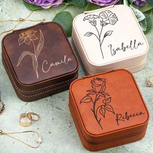 Birth Flower Jewelry Travel Case, Birth Month Flower Gift, Personalized Gifts for Her, Leather Jewelry Travel Case, Jewelry Case
