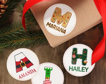 Personalized Round Name Stickers for Christmas Gifts, Initial Kids Sticker, Custom Name Labels Kids, Alphabeta Labels, Christmas Gift Tag