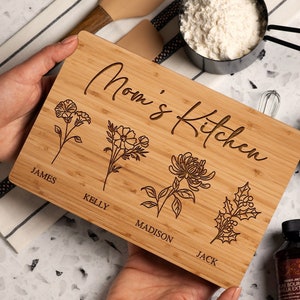 Personalized Gifts for Mom, Personalized Cutting Board, Birth Flower Mom Gifts from Daughter, Mama's Kitchen Grandmas Garden w/ Names