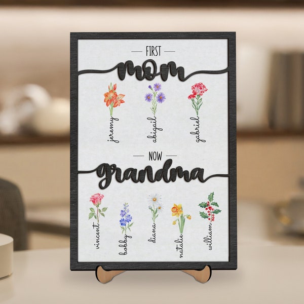 First Mom Now Grandma Sign, Grandma Mothers Day Gifts from Grandkids, Birth Month Flower Wooden Sign Frame, Nana Gifts, Grandma Gifts