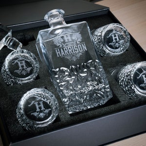 Whiskey Decanter Set Wedding Gift • Personalized Anniversary Gifts for Him •  Engraved Bourbon Decanter Set for Men • Decanter Set with Box