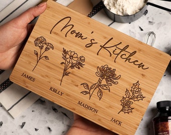 Personalized Gifts for Mom, Personalized Cutting Board, Birth Flower Mom Gifts from Daughter, Mama's Kitchen Grandmas Garden w/ Names