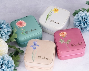 Bridesmaids Gifts Wedding, Birth Flower Jewelry Travel Case, Personalized Gifts for Her, Travel Jewelry Box Organizer, Custom Jewelry Case