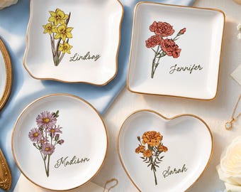Personalized Birth Flower Trinket Dish, Trinket Tray, Wedding Bridesmaid Gift, Custom Jewelry Ring Dish, Bridesmaid Proposal, Wedding Gift