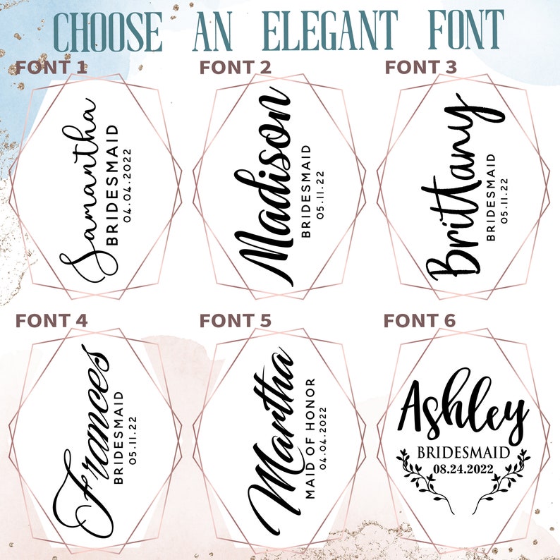Puede incluir: Imagen que muestra seis opciones de fuente para texto personalizado. Cada muestra presenta un nombre, rol y fecha dentro de un marco geom&eacute;trico. El texto incluye nombres como Samantha, Madison y Ashley, con las palabras "Bridesmaid" y "Maid of Honor".