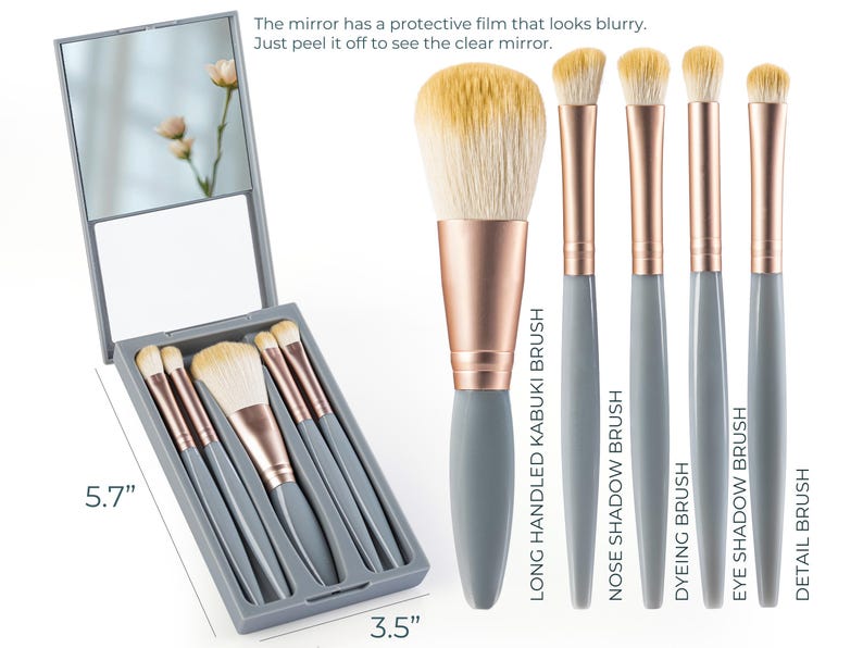 May include: A makeup brush set with a gray case and mirror. The set includes a long-handled Kabuki brush, nose shadow brush, dyeing brush, eye shadow brush, and detail brush. The case is 5.7 inches by 3.5 inches.