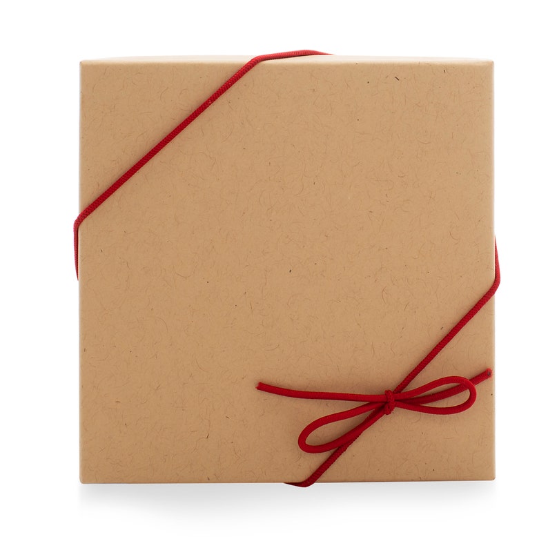 May include: A brown cardboard box with a red ribbon tied around it in a bow.