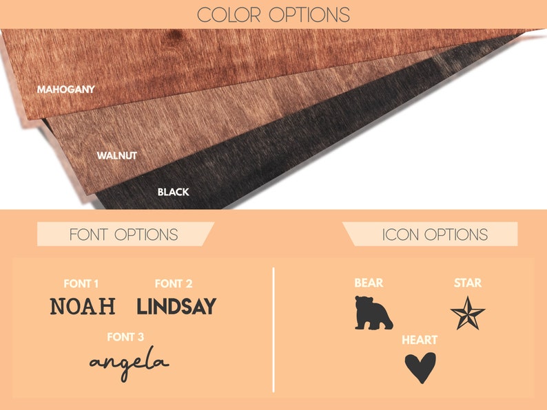 May include: A wood sign customization options image showing three wood stain colors: mahogany, walnut, and black.  Font options include three styles: NOAH, LINDSAY, and angela.  Icon options include a bear, star, and heart.