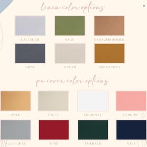 Puede incluir: Muestras de color para opciones de lino y cubierta. La fila superior incluye Lavanda, Salvia y Bronce Shimmer. La segunda fila incluye Gris, Crema y Terracota. La fila inferior incluye Oro, Topo y Huevo.