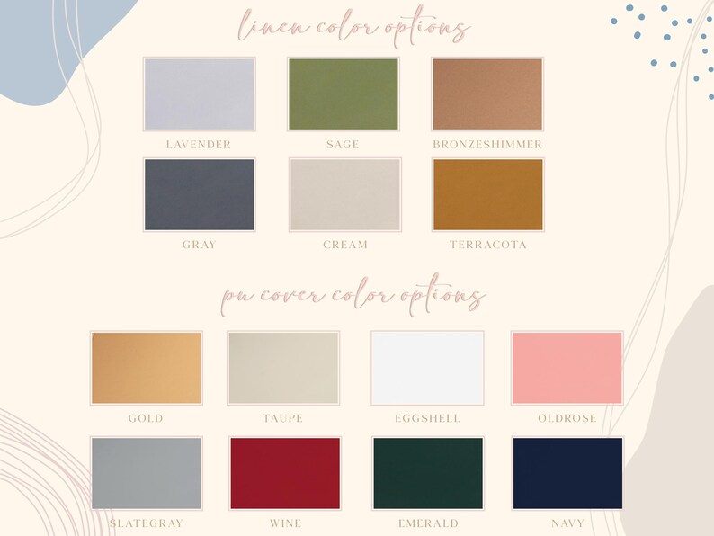 Puede incluir: Muestras de color para opciones de lino y cubierta. La fila superior incluye Lavanda, Salvia y Bronce Shimmer. La segunda fila incluye Gris, Crema y Terracota. La fila inferior incluye Oro, Topo y Huevo.