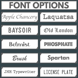 Puede incluir: Un gr&aacute;fico que muestra 10 opciones de fuentes diferentes para un proyecto de dise&ntilde;o. Las fuentes son: Apple Chancery, Laquatsa, BAYSOIR, Old London, Belmist, PHOSPHATE, Brush, Spartan, JMH Typewriter y LICENSE PLATE.