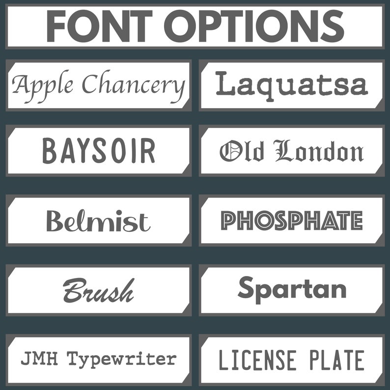 Puede incluir: Un gr&aacute;fico que muestra 10 opciones de fuentes diferentes para un proyecto de dise&ntilde;o. Las fuentes son: Apple Chancery, Laquatsa, BAYSOIR, Old London, Belmist, PHOSPHATE, Brush, Spartan, JMH Typewriter y LICENSE PLATE.