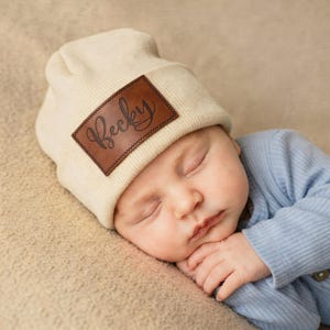 Baby Kids Child Baby Newborn Beanie, Name Hat, Baby Shower Gift, Personalized Hat Leather Patch, Kids Winter Beanie, Family Matching Beanie