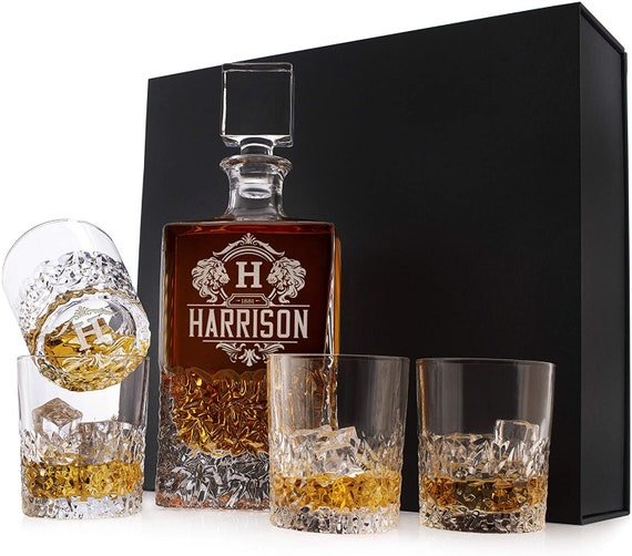 DSG3-680ML SET Personalized Whiskey Decanter and Glass Set with Gift Box Option Fathers Day Retirement Anniversary Housewarming Bourbon Scotch Whisky