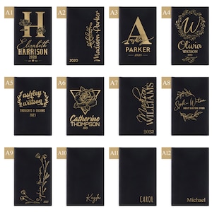 May include: Twelve black leather journals with gold lettering. Each journal has a different design and name. The names include Elizabeth Harrison, Madison Parker, Ashley Parker, Olivia Watson, Ashley Watson, Catherine Thompson, Madison Williams, Sophia Watson, Sophia Harrison, Kayla, Carol, and Michael.
