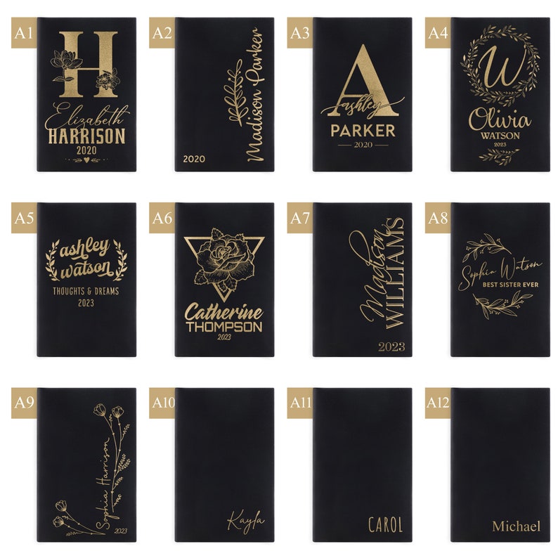 May include: Twelve black leather journals with gold lettering. Each journal has a different design and name. The names include Elizabeth Harrison, Madison Parker, Ashley Parker, Olivia Watson, Ashley Watson, Catherine Thompson, Madison Williams, Sophia Watson, Sophia Harrison, Kayla, Carol, and Michael.