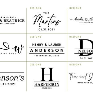 May include: Nine black and white design options for personalised text, including names and dates. The designs feature various fonts and layouts, with names such as The Millers, Martins, and Nelson. Dates are displayed in the format DD.MM.YYYY.