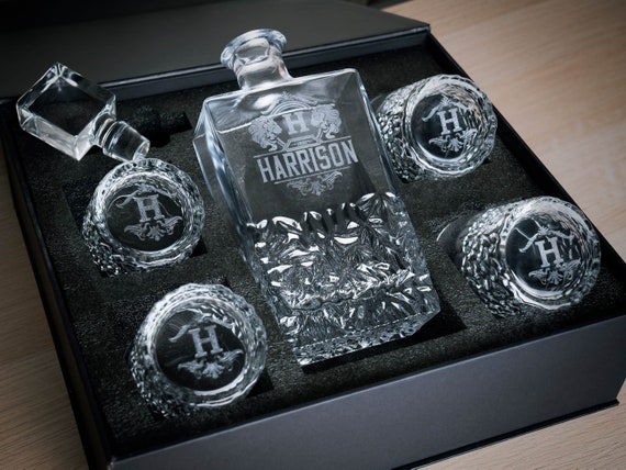 777 favorites don't lie — a beautifully engraved whiskey decanter set that's become a go-to wedding and anniversary gift for him.