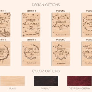 May include: Eight different design options for a wooden Christmas card holder. The designs feature various Christmas-themed illustrations, including baubles, stockings, wreaths, and trees. The text "Cards of Christmas Past" is featured on each design. The holder is available in three wood colours: plain, walnut, and Georgian cherry.