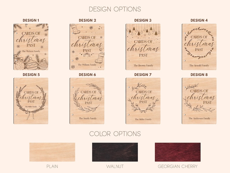 May include: Eight different design options for a wooden Christmas card holder. The designs feature various Christmas-themed illustrations, including baubles, stockings, wreaths, and trees. The text "Cards of Christmas Past" is featured on each design. The holder is available in three wood colours: plain, walnut, and Georgian cherry.