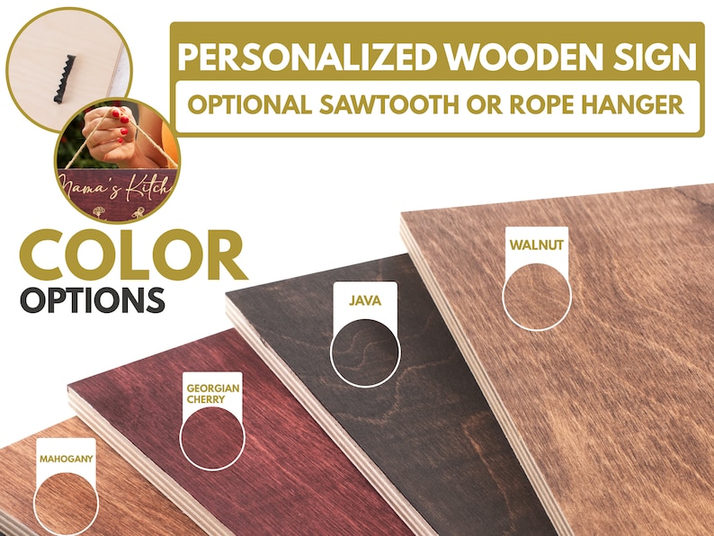 Puede incluir: Letrero de madera personalizado con colgador de sierra o cuerda opcional. El letrero est&aacute; disponible en caoba, cerezo georgiano, java y nogal.