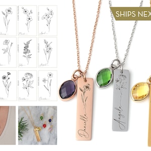 Bouquet Flower Necklace, Combined Birth Flower Necklace, Birth Month Flower Necklace Engraved, Personalized Gifts for Mom, Gifts for Her