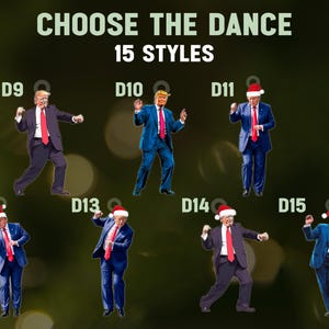 May include: A set of 10 Christmas ornaments featuring a person wearing a Santa hat and a suit in various dance poses. The ornaments are labeled D9 through D15.  Choose the Dance 15 Styles.