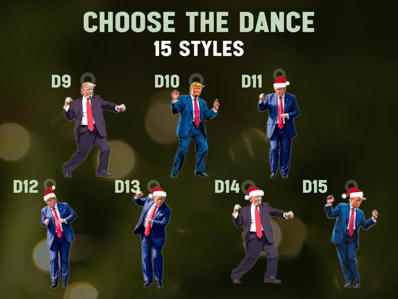 May include: A set of 10 Christmas ornaments featuring a person wearing a Santa hat and a suit in various dance poses. The ornaments are labeled D9 through D15.  Choose the Dance 15 Styles.