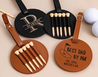 Engraved Leather Golf Bag Tag with Golf Tees, Dad Birthday Gift Golf, Best Dad By Par, Personalized Golf Bag, Dad Golf Gifts, Golf Club Gift