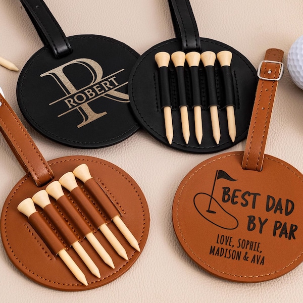 Engraved Leather Golf Bag Tag with Golf Tees, Dad Birthday Gift Golf, Best Dad By Par, Personalized Golf Bag, Dad Golf Gifts, Golf Club Gift